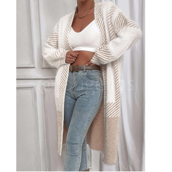 Fuzzy Longline Duster Cardigan Open Long Sleeve Colorblock White Beige - Picture 5 of 9
